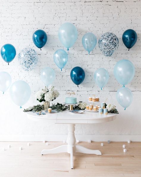 Dessert Table Backdrop, Outdoor Baby Shower, Baby Shower Brunch, Baby Shower Decorations For Boys, Baby Shower Inspiration, Shower Inspiration, Balloon Backdrop, Blue Baby Shower, Baby Shower Balloons