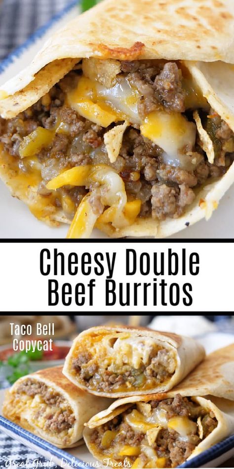 Cheesy Double Beef Burritos are loaded with zesty seasoned ground beef, shredded cheese, rice, nacho cheese and more, and are inspired from Taco Bell’s delicious burrito. Taco Bell Recipe, Ground Beef Burritos, Ground Beef Nachos, Burritos Beef, Beef Burrito Recipe, Beef Burritos, Ground Beef Quesadillas, Taco Bell Copycat, Beef Burrito