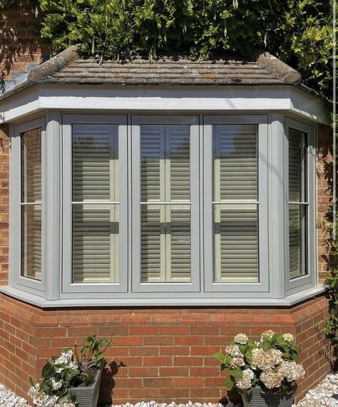 Residence 7 Windows Painswick, Residence 7 Windows, Painswick Windows, Porch Extension With Toilet, Bay Window Ideas Exterior, Green Window Frames, Beautiful Bungalows, Bungalow Windows, Latest Window Designs