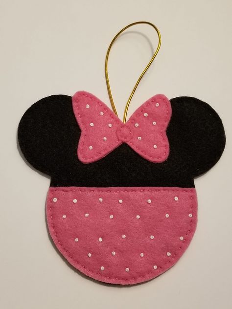 "Each adorable felt ornament is hand stitched with beautiful details. Minnie is 5.5 x 6 inches  There is a 3\" loop for easy hanging on your tree. This will make a great Christmas ornament for you or a loved one that loves these characters." Mouse Ornaments Diy, Minnie Mouse Ornaments, Disney Felt Ornaments, Tinkerbell Ornament, Disney Christmas Diy, Disney Ornaments Diy, Mouse Ornaments, Mickey Mouse Ornaments, Felt Plushie