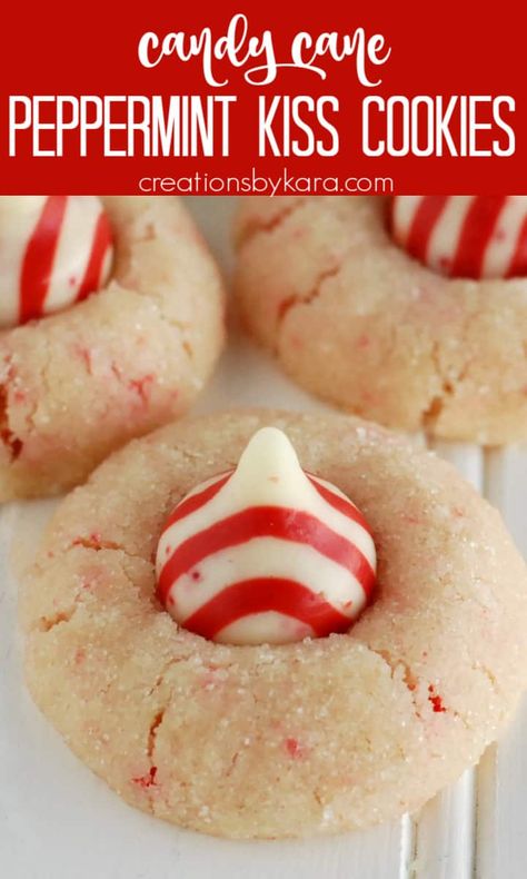 Candy Cane Peppermint Kiss Cookies - a shortbread cookie with crushed candy canes, topped with a peppermint kiss. These tasty Christmas cookies will just melt in your mouth! #peppermintcookies #candycanekisscookies #kisscookies #christmascookies @Creations by Kara Peppermint Kiss Sugar Cookies, Candy Cane Blossoms Recipe, Easy Valentine Treats For Work, Christmas Cookies Peppermint Kiss, Easy Christmas Cookies Peppermint, Candy Cane Kisses Recipes, Candy Cane Kiss Cookies Recipe, Christmas Party Sweets Ideas, Christmas Cookies Recipes Peppermint