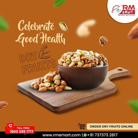 🎉🌰 Celebrate Good Health with Delicious Dry Fruits! 🌰🎉 Order dry fruits online and elevate your snacking game! 🌱💪 At RM eMart, we offer a tempting range of premium quality dry fruits packed with essential nutrients. From almonds to raisins, our selection satisfies cravings while providing numerous health benefits. 💯🥜 #HealthySnacking #GoodnessInEveryBite #DryFruitsDelivered #NutritionBoost Dry Fruits Poster Design, Dry Fruits Branding, Dry Fruits Advertising, Dried Fruit Packaging Design, Packaging Dry Fruit, Nuts And Dry Fruits, Grocery Ads, Fruit Logo, Fruit Shop