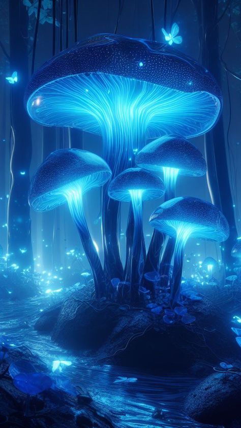 Blue Mushroom Aesthetic Wallpaper, Magical Mushroom Drawing, Blue Mushroom Art, Blue Mystical Aesthetic, Glowing Mushrooms Art, Blue Mushroom Aesthetic, Blue Mushroom Wallpaper, Cosmic Mushroom, Alien Mushroom