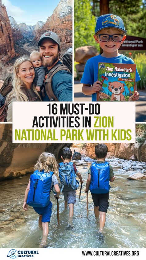 Collage showing a family enjoying scenic views, a child holding a Zion National Park activity book, and kids hiking through a river, illustrating 16 Must-Do Activities in Zion National Park with Kids. Zion National Park With Kids, Zion Utah, Zion Park, Riverside Walk, Utah Vacation, Zion Canyon, Kids Things To Do, Rv Road Trip, Virgin River