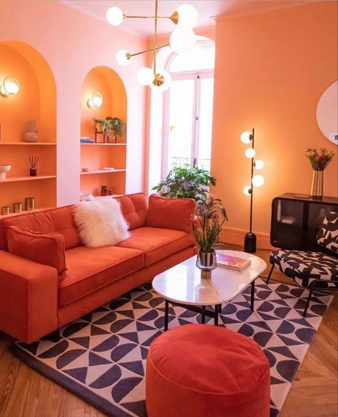 Orange Velvet Couch Living Room Ideas, Peach Living Rooms, Living Room Decor Orange, Orange Couch, Brown Living Room Decor, Pastel Interior, Craftsman Cottage, Aesthetic Living Room, Living Room Orange