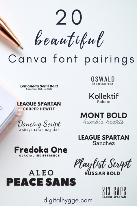 Full article with 20 impressive Canca font combinations on digitalhygge.com. Fonts include: playlist script, oswald, montserrat, league spartan, mont bold, humble hearts, hussar bold, peace sans, alea, six caps, glacial indifference. Font pairings can be tricky but my font combination guide will make combining easier for you :) Playlist Script Font Pairing, Best Bold Fonts Canva, Playlist Script Font, Montserrat Font Combinations, League Spartan Font Pairing, Oswald Font Pairing, Bold Font Combinations, Canva Fonts Aesthetic Combination, Bold Fonts Canva