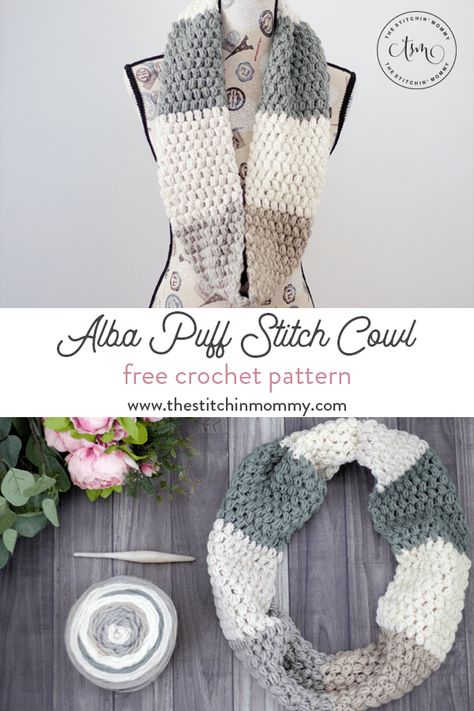 Alba Puff Stitch Cowl - Free Crochet Pattern | Scarf of the Month Club hosted by The Stitchin' Mommy and Oombawka Design | www.thestitchinmommy.com #ScarfoftheMonthClub2019 Puff Stitch Scarf, Crochet Coffee, Cowl Crochet, Face Scrubbies, Crochet Scarf Pattern Free, Free Scarf, Shell Stitch, Puff Stitch, Cowl Pattern