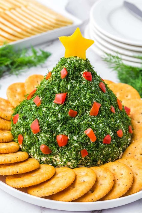 Christmas Tree Cheese Ball with a star at the top. Christmas Treat Charcuterie Board Ideas, Boursin Christmas Tree Cheese Ball, Christmas Tree Shaped Cheese Ball, Christmas Toothpick Appetizers, Christmas Tree Dip Recipe, Xmas Tree Appetizer, Christmas Tree Hors D'oeuvres, Finger Foods For Holiday Party, Xmas Cheese Ball