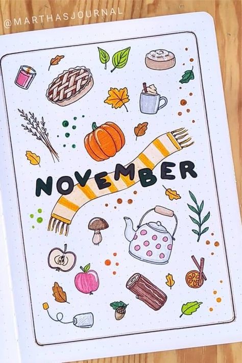 November Journal Cover Page, November Title Page, Nov Bullet Journal, Bullet Journal November Spread, Bullet Journal November Cover Page, Bullet Journal Ideas November, November Bullet Journal Theme, Doodle Themes, Thanksgiving Bullet Journal