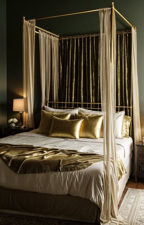 Green And Gold Bedroom Aesthetic, Dark Green And Gold Bedroom, Gold Bedroom Aesthetic, Green Gold Bedroom, Gold Canopy Bed, Green And Gold Bedroom, Upholstered Bedframe, Canopy Bed Drapes, Bed Drapes