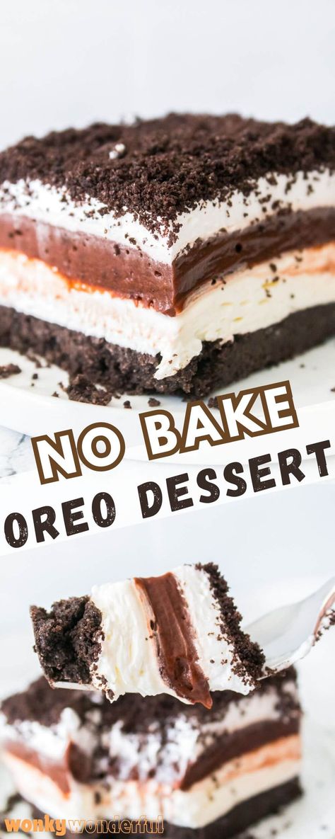 This NO BAKE OREO DESSERT is a layered dessert with an Oreo crust, cream cheese filling, chocolate pudding, Cool-Whip and crumbled Oreos - also known as Oreo Lasagna. Oreo And Pudding Dessert, Oreo Lasagne Dessert, No Bake Oreo Delight, Oreo Lush Dessert, No Bake Layered Desserts, Oreo Chocolate Pudding Dessert, Oreo No Bake Dessert, Oreo Lasagna Recipe, Oreo No Bake Cheesecake