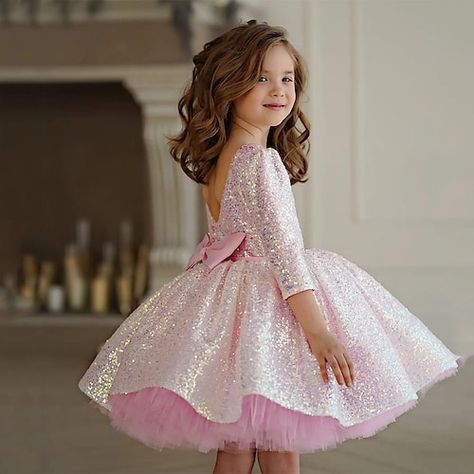 Toddler Formal Dresses, Pink Princess Dress, Cheap Party Dresses, Girls Pink Dress, Pink Wine, Dress Tulle, Girl Princess Dress, Long Sleeve Sequin, Girls Party Dress