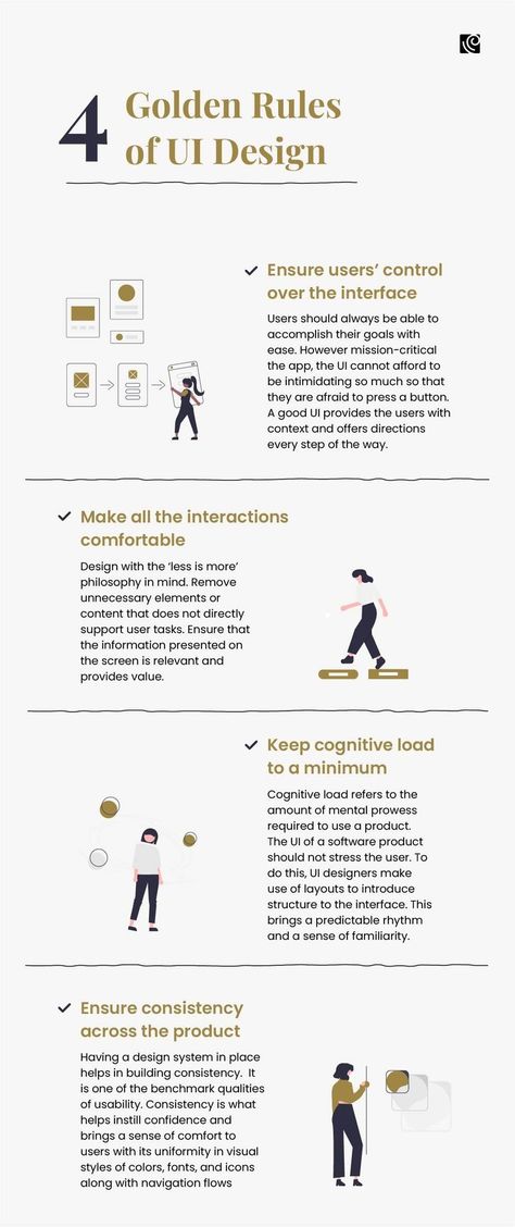 The 4 golden rules of UI design have been derived from standard visual design principles and are fundamental to designing user-friendly interfaces. Good UI design is centered upon making the users feel at ease, and these rules ensure that your interface is simple, effective, and a pleasure to use for everyone. Read our blog to learn about the application of these 4 golden rules in detail. 🔖 Follow Koru UX Design for regular UX insights! Good Ux Design Examples, Visual Design Principles, Graphic Design Rules, Ux Principles, Ux Ui Design Inspiration, Ui Ux Design Course, Ui Ux Design Trends, Business Learning, Learn Ux Design