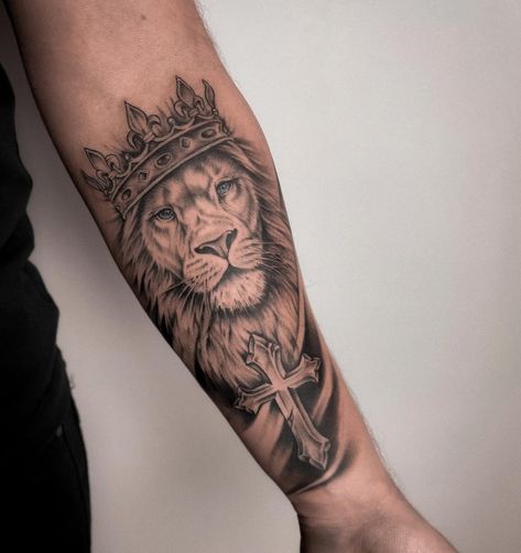 Lion Cloud Tattoo, Lion Wrist Tattoo For Men, Lion Of God Tattoo For Women, Lion Tattoo Crown, Lion And Cross Tattoo, Lion With Crown Tattoo Design, Lion Crown Tattoo, Lion Cross Tattoo, Lion Forearm Tattoo