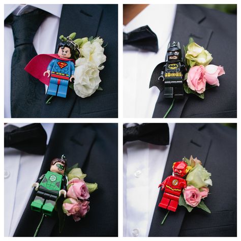 Lego Boutonniere Wedding, Nerdy Boutonniere, Batman Boutonniere, Batman Wedding Theme, Superman Wedding, Marvel Wedding, Batman Wedding, Lego Wedding, Superhero Wedding