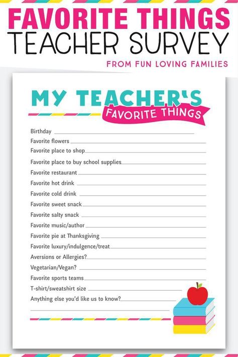 Favorite Things Survey, Teacher Questionnaire, Room Mom Ideas, Class Mom, Sunshine Committee, Teacher Gift Printables, Room Parent, Meet The Teacher Template, Teacher Treats