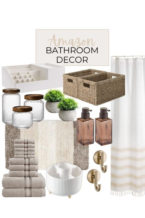 Amazon Bathroom Decor, Neutral Bath, Mat Makeup, Neutral Shower Curtains, Refresh Home, Striped Shower Curtain, Amazon Bathroom, Neutral Bathroom Decor, Woven Storage Baskets