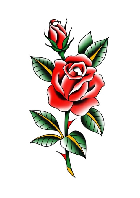 Traditional rose reference Tattoo Flash Color, Two Roses Tattoo, Traditional Tattoo Rose, Rose Tattoo Traditional, Rose Traditional Tattoo, Rose Tattoo Flash, Old School Rose, Traditional Tattoo Drawings, Cardinal Tattoos