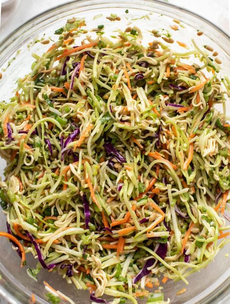 Broccoli Slaw with Ramen Noodles and Toasted Sesame Dressing Brocolli Slaw Salad, Slaw With Ramen Noodles, Broccoli Slaw Dressing, Asian Broccoli Slaw, Toasted Sesame Dressing, Healthy Broccoli Slaw, Broccoli Slaw Salad, Broccoli Slaw Recipes, Asian Broccoli