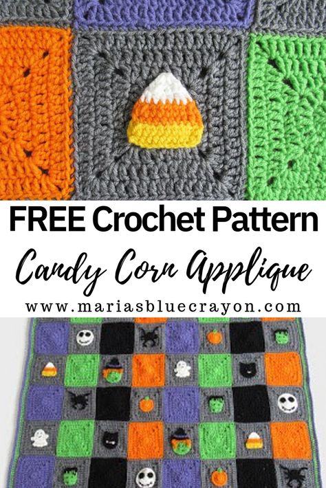 Crochet candy corn applique pattern. Can be made alone or as part of the Halloween Blanket. Free pattern and video tutorial on Maria's Blue Crayon blog. #crochet #candycorn #fall #halloween Crochet Candy Corn Applique Free Pattern, Candy Corn Applique, Crochet Candy Corn Applique, Crochet Candy Corn Granny Square, Itkenken1 Free Crochet Patterns, Candy Corn Granny Square, Crochet Halloween Applique Patterns Free, Halloween Crochet Applique, Crochet Halloween Applique