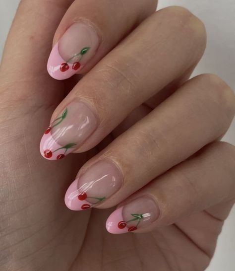 Pink French Tip Nails With Cherries, Simple And Cute Nails, Nails Ideas For Summer, Beach Nails Designs, Cute Nails Ideas, Summer Beach Nails, Italy Nails, Pink French Nails, Cherry Nails