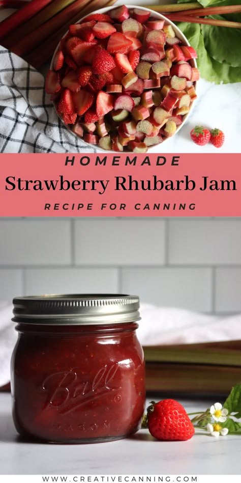 Strawberry Rhubarb Jam Rhubarb Canning Recipes, Jam Recipes For Canning, Homemade Jam Recipes, Canning Fruit Recipes, Recipes For Canning, Preserving Fruit, Strawberry Rhubarb Recipes, Rhubarb Jelly, Jam Without Pectin