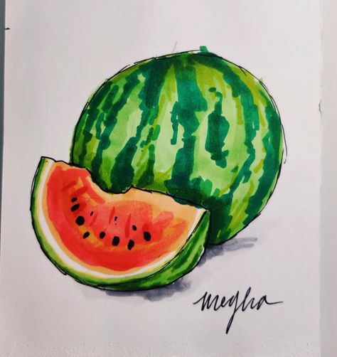 Watermelon Marker Drawing, Art Ideas Alcohol Markers, Fruit Marker Drawing, Drawing Watermelon, What To Draw With Alcohol Markers, Drawing Ideas With Alcohol Markers, Drawings With Alcohol Markers, Things To Draw With Alcohol Markers, Alcohol Markers Art Ideas