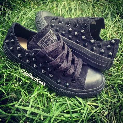 All black mono converse customized with black studs**other color stud options are available and listed* Spiked Sneakers, Converse Customized, Emo Shoes, Studded Converse, All Black Converse, Baskets Converse, Black Studs, Studs And Spikes, Spike Shoes