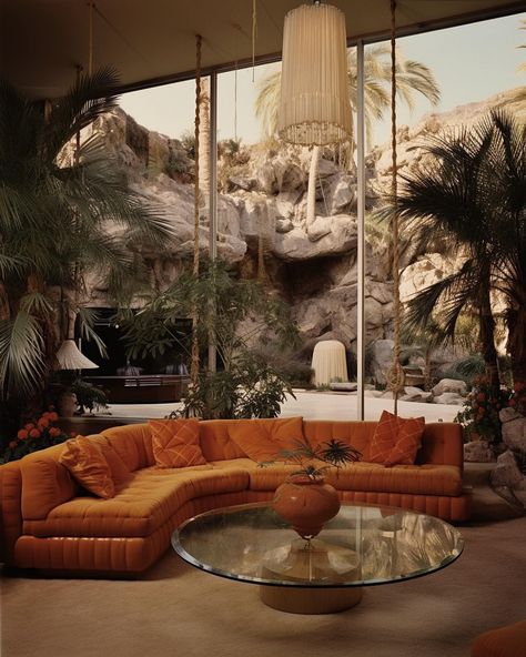 1970s Palm Springs luxury 🧡🌴 • • • • (AI images — MJ 5.2) #70sinterior #1970sinterior #70saesthetic #1970s #70svibes #70snostalgia #70sdecor #70s #vintage #interiordesign #homedecor #luxuryhomes 80s Palm Springs, 70s Sunken Living Room, Rich 70s Aesthetic, Retro Palm Springs Aesthetic, 70s Backyard, Vintage 70s Living Room, Palm Springs 70s, Vintage Palm Springs Aesthetic, 1960's Aesthetic