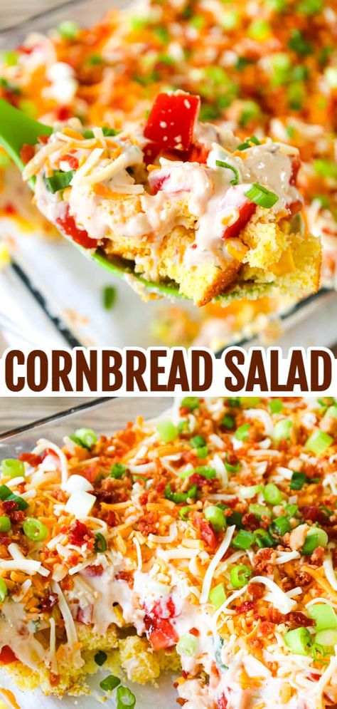 Cornbread Salad is a tasty side dish recipe loaded with cornbread pieces, diced tomatoes, diced bell peppers, corn, shredded cheese, chopped green onions, crumbled bacon and a dressing made from sour cream, ranch and salsa. Memorial Day Veggie Sides, Cornbread Salad With Ranch Dressing, Cornbread Dip Recipe, Paula Deen Cornbread Salad, Chili Cornbread Salad Taste Of Home, Mississippi Cornbread Salad, Fish Fry Potluck Ideas, Cornbread Salad Southern, Easy Cornbread Salad Recipe