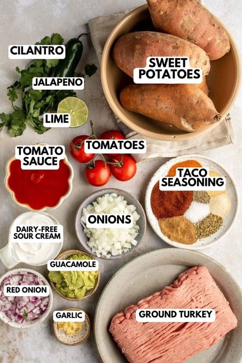 These Taco Stuffed Sweet Potatoes are everything you love about tacos stuffed into a sweet and tender potato! A quick and easy recipe full of protein, veggies, and healthy carbs. Taco Stuffed Sweet Potato Healthy, Sweet Potato Stuffed Tacos, Taco Sweet Potato Boats, Taco Stuffed Sweet Potato, Potato Boats, Stuffed Sweet Potato, Protein Veggies, Sweet Potatoes Recipe, Stuffed Sweet Potatoes