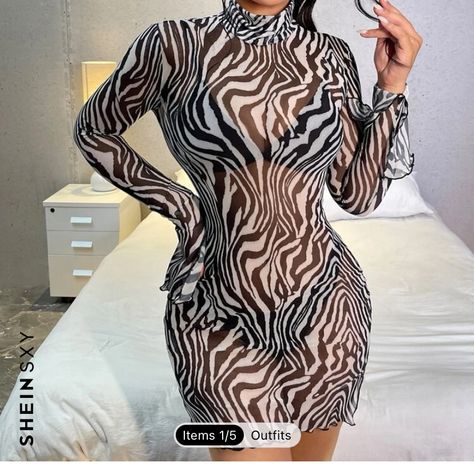 Small See Thru Brand: Shein Fabric Is Stretchable & Comfortable Never Worn & Don’t Want It No More Zebra Dress, Mesh Bodycon Dress, Shein Dress, Split Dress, Hot Outfits, Split Hem, Bodycon Mini Dress, Flared Sleeves, Summer Dresses For Women