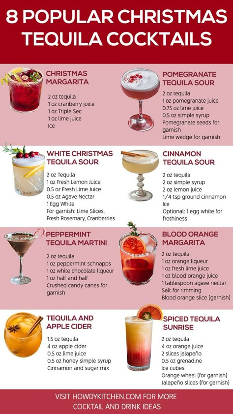 An infographic showcasing 8 Christmas tequila cocktails, featuring festive recipes like the Christmas Margarita and Pomegranate Tequila Sour, perfect for holiday celebrations. Christmas Bourbon Cocktails, Cocktail Recipes Tequila, Christmas Cocktails Easy, Holiday Drinks Alcohol, Bartender Drinks Recipes, Xmas Drinks, Christmas Drinks Alcohol Recipes, Christmas Drinks Recipes, Christmas Drinks Alcohol