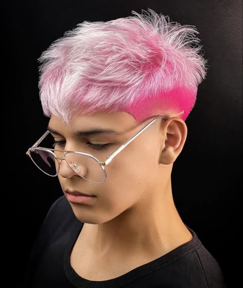 Men Pink Hairstyle, Men’s Pink Hair, Man Hair Color Ideas Guys, Mens Hair Color Ideas, Hair Designs For Men, Hair Bleaching, Edgy Hair Color, Short Dyed Hair, Dyed Hair Men