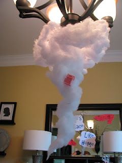 tornado formed out of wire mesh first and then covered w/ cotton batting. Wicked Decor, Oz Decorations, Hoco Themes, Sharknado Party, Tornado Cake, Wizard Of Oz Party, Wizard Of Oz Decor, Dream Birthday, Storm Chaser