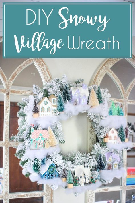 This beautiful snowy village wreath is the perfect dupe to save you some money on the Anthropologie version! Make yourself one or more to adorn your front door, fireplace, or any mirror in your home! This wreath is so easy to make and have hanging on a couple hours! This flocked Christmas wreath is perfect for this holiday season! Christmas Village Wreath Diy, Spring Wreaths Diy, Christmas Village Wreath, Flocked Christmas Wreath, Village Wreath, Workshop Projects, Snowy Village, Winter Wreath Diy, Its Christmas