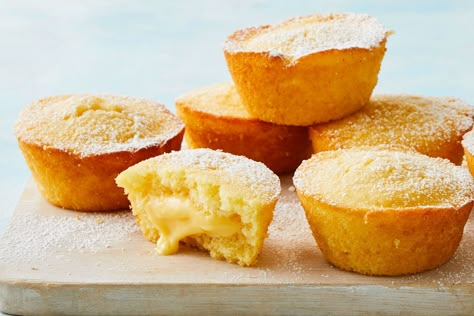 Made in the muffin pan, these little cakes are stuffed with lemon curd custard for a sweet treat even Nanna would approve of. Custard Cupcakes, Lemon Curd Cupcakes, Pie Maker Recipes, Custard Cup, Custard Cake Recipes, Mint Cheesecake, Tea Cakes Recipes, Lemon Custard, Pie Maker