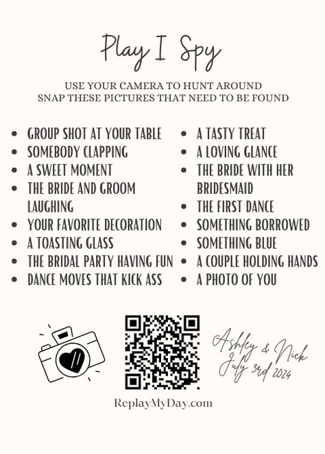 Embark on a scavenger hunt of love! Explore our wedding wonderland, snap photos of hidden treasures, and share them with the bride and groom to unlock cherished memories Bride And Groom Party Ideas, Scavenger Hunt Wedding Reception, Fun Wedding Add Ons, Wedding Indoor Activities, Wedding Photo Scavenger Hunt Printable, Wedding Scavenger Hunt Photos, Wedding Reception Games For Bride And Groom, Wedding I Spy Printable Free, Wedding Ispy Game