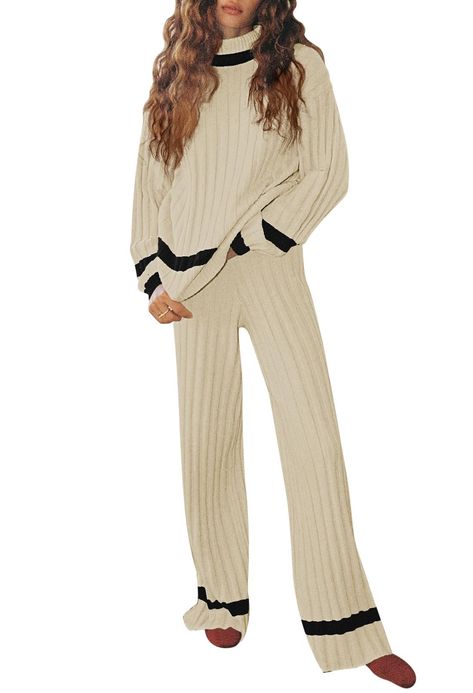 PRICES MAY VARY. 2 piece outfits long sleeve sweater matching knit wide leg pant set Pullover top: Mock neck, long sleeve, stripped, casual loose style Long Pants: high waisted, wide legs, elastic waistband, relaxed fit, suit for all body shape Stylish matching set to wear at home as pajamas loungewear sleepwear, or 2 piece going out sets 2 piece sweater set is suitable for work, shopping, leisure time, vacation, holiday for fall, winter and spring Pink Queen 2 Piece Knit Sets for Women Long Sle Mock Neck Outfit, One Set Outfit, Elegant Loungewear, Knitted Outfits, Womens Lounge Set, Knit Sets, Casual Pajamas, Womens Lounge, Best Sweaters