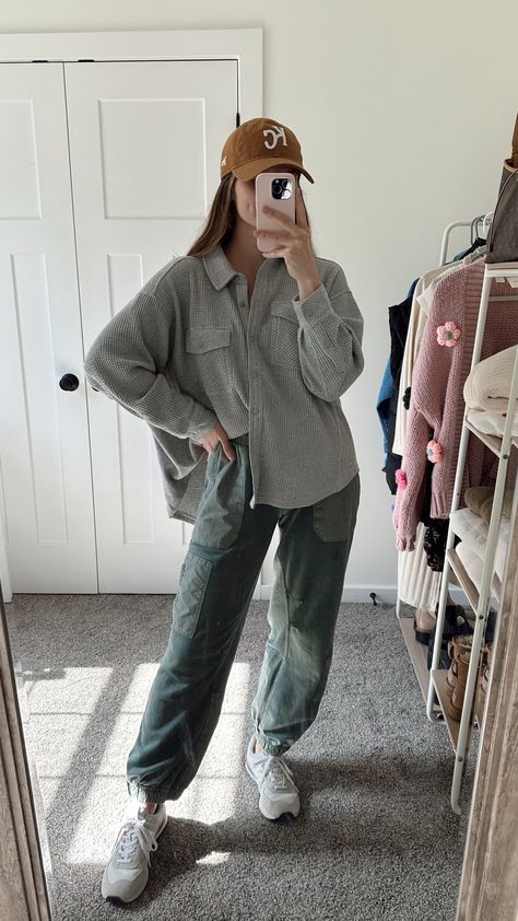 Aerie LumberJane Waffle Shirt curated on LTK Simple Athleisure Outfit, Oversized Waffle Shirt Outfit, Olive Green Sweatpants Outfit, Cozy Athleisure Outfits, Aerie Lumberjane Waffle Shirt Outfit, Midsize Cozy Outfits, Aerie Outfit Ideas, Relaxed Winter Outfits, Waffle Pants Outfit