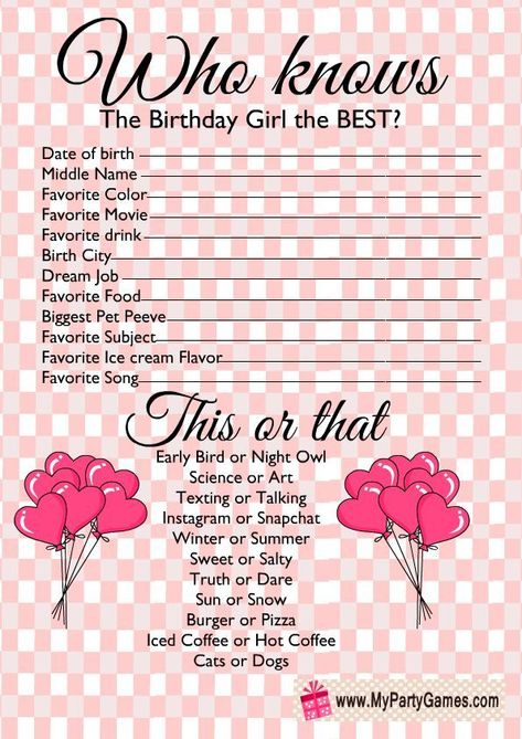 Birthday Who Knows Me Best, Do You Know The Birthday Girl, Sweet 16 Birthday Party Games, Sweet 16 Printables Free, Things To Do For Your Sweet 16, Who Knows The Birthday Girl Best Game, Who Know The Birthday Girl The Best, Ideas For 14th Birthday Girl, Who Knows The Bday Girl Best