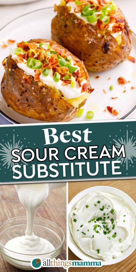 collage image showing loaded baked potatoes, sour cream substitutes like greek yogurt and cream cheese. Substitute For Sour Cream, Make Sour Cream, Sour Cream Substitute, Ranch Dressing Recipe, Sour Cream Recipes, Cottage Cheese Recipes, Miracle Whip, Mouthwatering Recipes, Grilled Vegetables