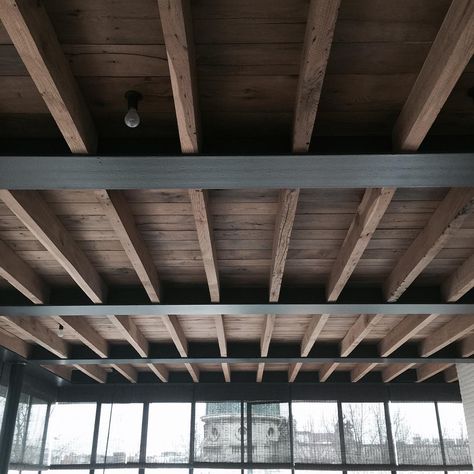 play of #wood#wooden#and #steel#beams#ceiling#graanmarkt13#theappartment#antwerp Steel Beams Ceiling, Loft Houses, Beams Ceiling, Ceiling Architecture, Walnut Wood Floors, Timber Frame Plans, Industrial Modern Design, Steel Architecture, Metal Building Home