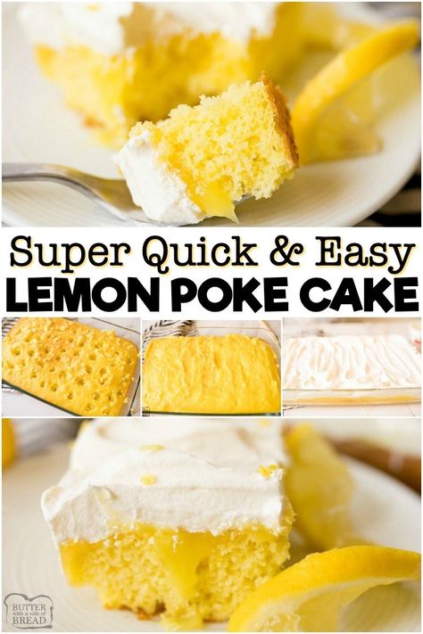 Lemon Poke Cake made with 3 ingredients and so simple! Delicious, easy poke cake recipe with a sweet lemon flavor topped with whipped cream. #lemon #cake #pokecake #easy #dessert #recipe from BUTTER WITH A SIDE OF BREAD Lemon Cake Easy 3 Ingredients, Lemon Poke Cake Pudding, 3 Ingredient Lemon Cake, Lemon Poke Cake Recipe, Easy Poke Cake, Lemon Poke Cake, Homecoming Dinner, Poke Cake Lemon, Children Cake