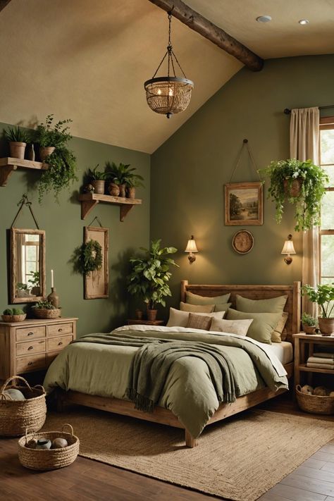 20 Charming Primitive Bedroom Ideas – ToolzView Cute Green Bedroom Ideas, Earthy Room Ideas Bedroom, One Green Wall Bedroom, Green Farmhouse Interior, Bedroom Decor Green Walls, Bedroom In Living Room Ideas, Cozy Bedroom Green, Green Aesthetic Room Decor, Hobbit Bedroom