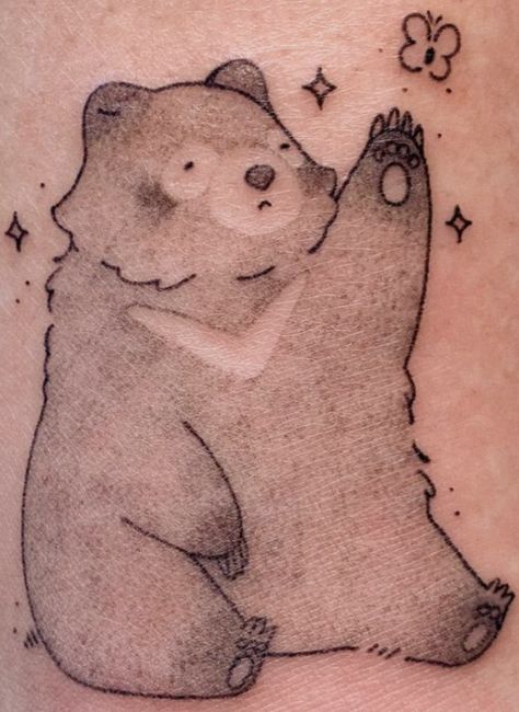 Behind The Ear Mushroom Tattoo, Kawaii Bear Tattoo, Creepy Bear Tattoo, Cute Polar Bear Tattoo, Bear Tattoos Cute, Dumbo Octopus Tattoo, Small Bear Tattoos For Women, Plushie Tattoo, Tattoo Ideas Bear