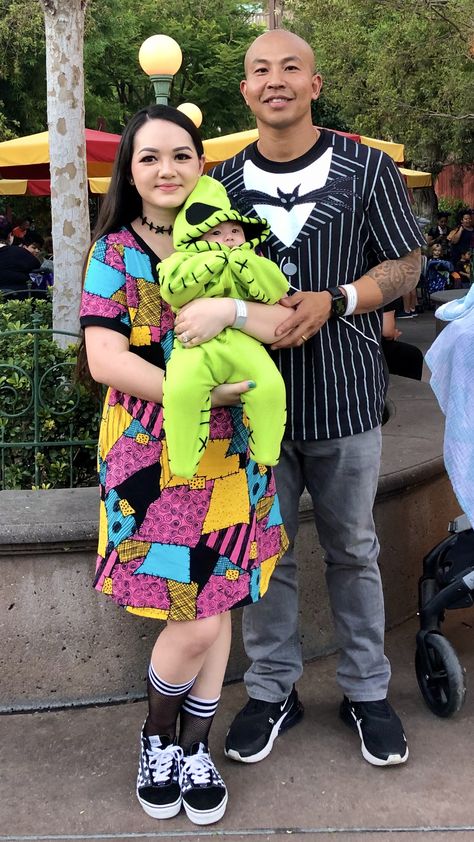 Jack Sally And Oogie Boogie Costume, Couple And Newborn Halloween Costumes, 1st Halloween Family Costumes, Diy Jack And Sally Costume, Couples And Baby Halloween Costumes, Jack And Sally Family Costume, Halloween Costumes For Family Of 3 Baby, Baby Costumes For Boys Family, Cute Family Costumes For Halloween