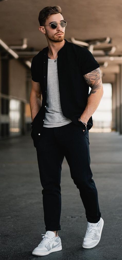 Shirt And Tshirt Outfit Man, How To Style Black Shirt For Men, Shirt Over Tshirt Men Outfit, Black Over Shirt Outfit, Black And White Casual Outfits For Men, Black Shirt Outfit Men Casual Jeans, Men Outfit Black Shirt, Black Chino Outfit Men, Black And White Outfit Men Casual