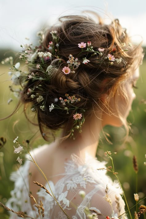 Bride Flowers In Hair With Veil, Boho Bride Hairstyles With Veil, Nature Inspired Hairstyles, Bohemian Wedding Updo, Whimsical Wedding Hair Updo, Brides Updo Hairstyles, Short Wedding Hair With Veil, Bride Hairstyles With Flowers, Wedding Updo With Flowers