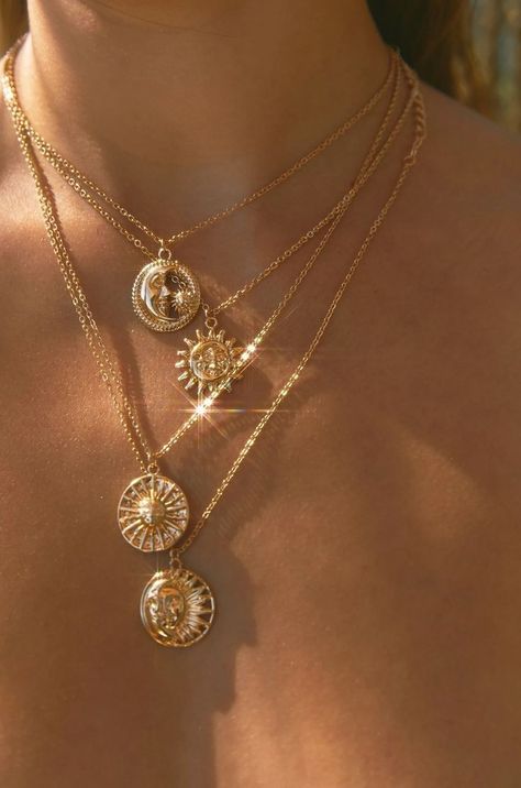 Gold Necklace Stack, Miss Lola, Moon And Sun, Sun Pendant, Stacked Necklaces, Layered Necklace Set, Multi Layer Necklace, Layer Necklace, Dope Jewelry